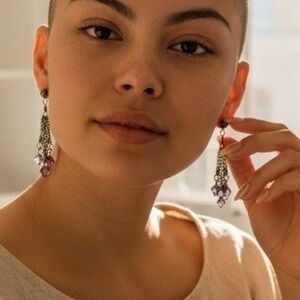 Purple Beaded Chain Dangle Drop Earrings Gunmetal Tone Women's Fashion Jewelry